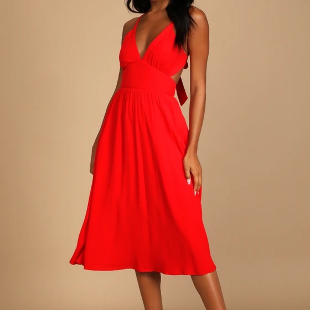 New Bold New Look Bright Red Tie-Back Midi Dress With Pockets